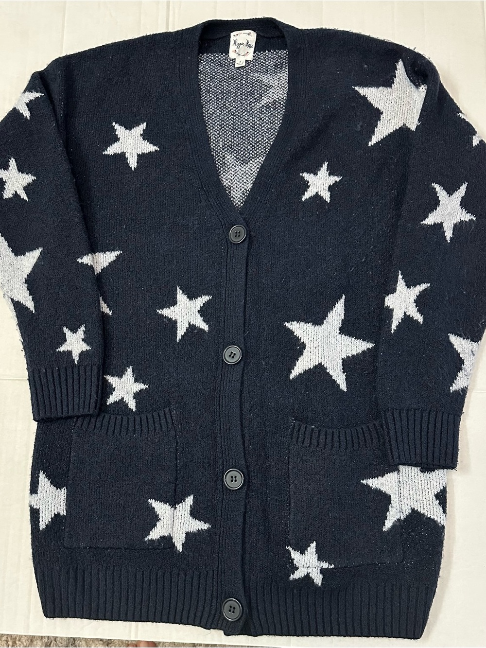 Hippie Rose Navy Blue Cardigan with White Star Print, pre owned, size small